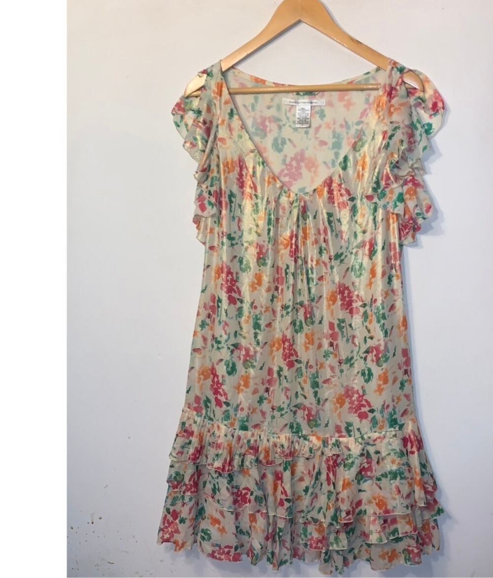 LUPE Diane Von Furstenburg Rainbow Garden Shimmer Flutter Tiered Mini dress